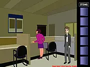 Bank Robbery Flash game screenshot, a cartoon thief sneaking past a security guard and customers inside a bank lobby.