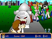 Aoyama, a character leading a large group of followers through a city street, strategic team-building game on PlayArcadeHub.