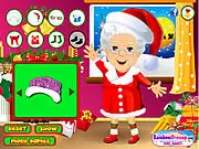 Mrs Santa Claus dress-up game screenshot showing a fully styled Mrs. Claus in a chic winter coat and boots, ready for Christmas Eve.