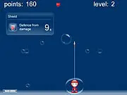 Screenshot of Bubble Pop Game Online featuring Bubble Man shooting colored bubbles and power-up icons like Shield and Multifire.