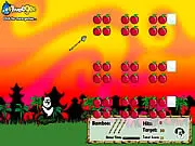 Bamboo Panda online game screenshot, showing a cute panda aiming a bamboo spear at apples and a black bomb target in a physics puzzle level