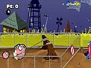 The Pig Escape free online game screenshot, pig launched from a sling, bouncing on the ground and avoiding mud, high-score physics game