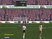 Gameplay screenshot of Free Kick Duel, a football game where a player is taking a set-piece against a wall and goalkeeper in a stadium.