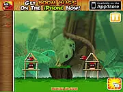 Boom Bugs game screenshot, Fuz and Oz characters next to a bomb bug, aiming to detonate and squish spiders
