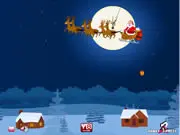 Santa Gifts Throw game image showing Santa Claus flying his sleigh over houses and dropping presents down the chimneys. Play this free Christmas arcade game online.