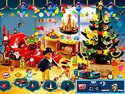 Christmas Fun hidden object game screenshot showing a living room scene decorated for the holidays with various objects to find.