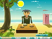 The classic shell game with three cockleshells and a hidden ring on a beach-themed background