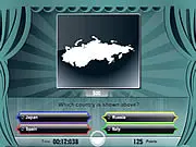 Know Your Countries Quiz online game screenshot showing a map border outline of a country with multiple choice options for the country's name.