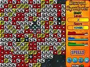 Sacred Symbols game screenshot, displaying a grid of colorful gems, bombs, and crystals ready to be exploded in a chain reaction puzzle
