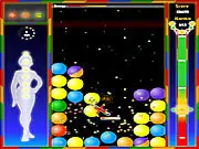 Karmaball game screenshot showing many colorful balls on screen with a central explosion creating a chain reaction of matching colors | Play free online puzzle game