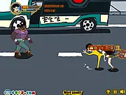 Dragon Fighter game screenshot showing a Bruce Lee-inspired character performing a mid-air kick against two enemy gangsters in the streets of Chinatown | Play free online action game