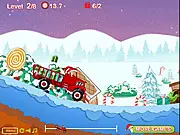 Santa's Delivery Truck game screenshot showing Santa driving a red truck full of gifts over a steep, snow-covered hill | Play free online game on PlayArcadeHub