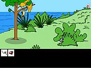 Bart Simpson Island Escape game screen, Bart Simpson character running and jumping on a tropical, mysterious island