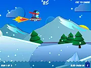 Screenshot of Sled Rush free Christmas auto runner game featuring a penguin on a rocket sled