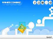 Snowballs Rumble free online physics puzzle game, using a snowball cannon to eliminate red shapes and save green shapes, collect presents on PlayArcadeHub
