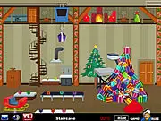 Screenshot of the Elf House Escape game showing a cozy room decorated with Christmas lights and an elf's hat on the floor. Play free online point and click game.