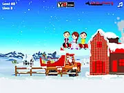 Screenshot of Santa Gifts Delivery online game, showing Santa's truck loaded with presents driving over snowy hills.