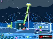 Screenshot of Draka 2: No More Christmas action game showing the spider-creature Draka attacking people on a festive street.