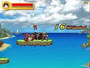 Screenshot of the One Piece Island game showing an anime character flying high in the air above a cartoon tropical island, set against a bright blue sky. Play free online adventure game.