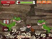 Caveman Climb game screenshot showing a Neanderthal using a club to fight a dinosaur while climbing a rocky mountain online free