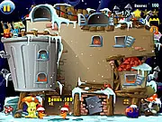 Screenshot of Greemlins Firemen Christmas Edition, showing a paddle bouncing a water stream to put out fires and save creatures