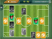 Soccer Memory Tournament free online game featuring matching soccer-themed playing cards on a stadium background.