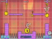 Piggy Wiggy puzzle game screen, showing a pig attached to a rope, aiming to collect acorns while avoiding spikes