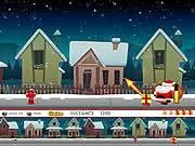Screenshot of Gift Delivery Game featuring Santa Claus launching a Christmas gift for a distance high score.