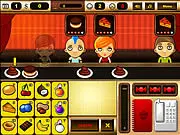Cake Bar cooking game screenshot - Hands preparing a caramel nut cake in a busy kitchen