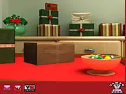 Santa House Escape point and click game screenshot - A Christmas-themed living room with hidden puzzle items