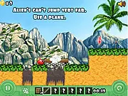 Screenshot of Alien Crash game, showing a small green alien character near a collectible inventory object and the checkered finish flag