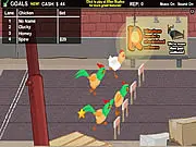 Chicken Jockey 2 free online simulation game showing a cartoon chicken being raced by a jockey in the town of Cluckston