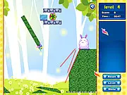 Screenshot of Rabbit Save the World online game showing a cute rabbit waiting below a suspended carrot in a physics puzzle level