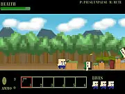 Screenshot from Squares Shootout game showing a hero character fighting enemies in a jungle environment to find a secret weapon