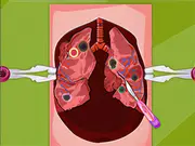 Screenshot of Mori's Lung Surgery game showing a cartoon operating room with medical tools and a patient on the table, indicating a doctor simulation.