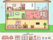 Screenshot of the Dollhouse Designer game showing a fully decorated living room with a couch, painting, and potted plants, ready for play.