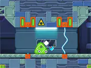 Slime Laboratory 2 online game screenshot, showing the green slime character stretching across a gap to avoid a spinning saw blade in a sterile lab environment.