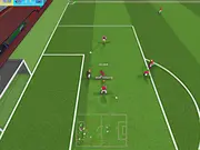 Screenshot of the World Soccer Cup Online football game showing two teams competing on a green pitch with a championship trophy in the background. Free sports game.