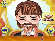 Beard Salon free online game screenshot showing a close-up of a man's face being groomed with a trimmer in a virtual barbershop