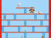 Konkey Dong retro platformer game screen showing the gorilla at the top of a construction site throwing a barrel down at the hero Mario.
