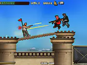 Action Bros game screen showing two stylized cartoon characters shooting weapons in a chaotic 2D action shooter environment with explosions