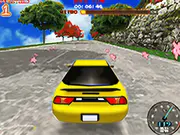 A screenshot of a fast-paced car racing game, Super Drift 4, showing a brightly colored sports car mid-drift on a winding road with an opponent car nearby.
