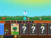 Plantera free online idle garden game screenshot showing a colorful farm with crops, trees, and blue Helper creatures.