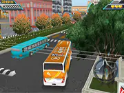 Free online Bus Parking 3D World 2 game showing a large passenger bus navigating an obstacle course