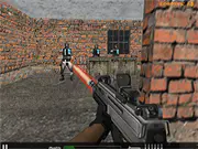 Screenshot of the 3D first-person shooter game Bullet Fire, showing a soldier aiming their rifle while invading an enemy base or military territory. Play the free online FPS on PlayArcadeHub.