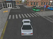 Screenshot from the Town Driver game, showing a sedan car attempting to parallel park in a crowded city parking lot between two other vehicles. Play the free online car parking simulator on PlayArcadeHub.