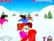 Skating Kiss game screenshot showing a boy and a girl kissing on a Christmas-themed ice rink, with a watchful bystander nearby | Play free online kissing game
