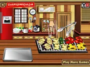 Cooking delicious fish game, grilling swordfish and vegetables, exotic free recipe online