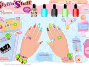 Screenshot of Stylin' Stuff Manicure online game showing beautifully styled fingernails with colorful polish, rings, and accessories