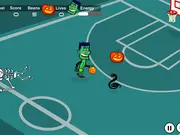 Spooky Hoops Online Basketball game screen showing a character, possibly a ghost or zombie, shooting a basketball on a haunted-themed court
